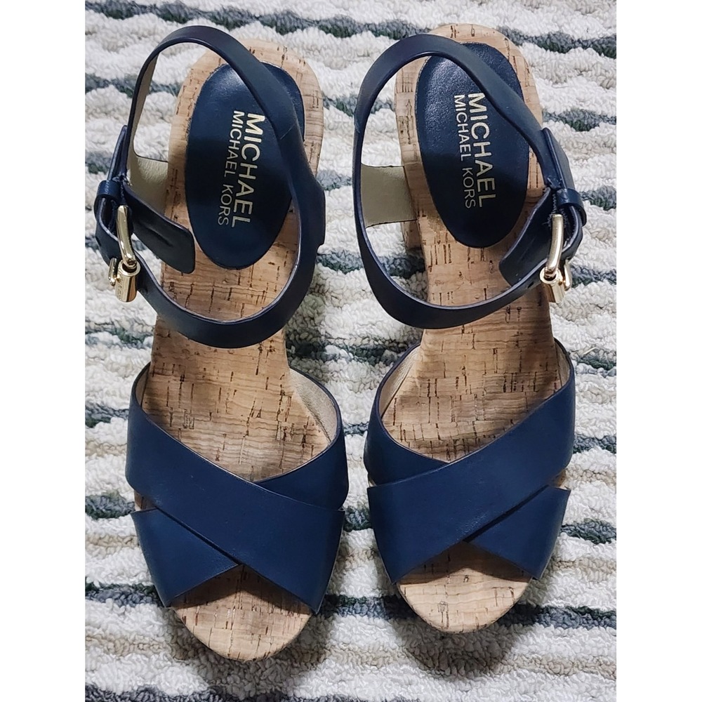 MICHAEL Michael Kors Suki Navy Blue Leather Cork Platform Sandals Heels 7.5 M